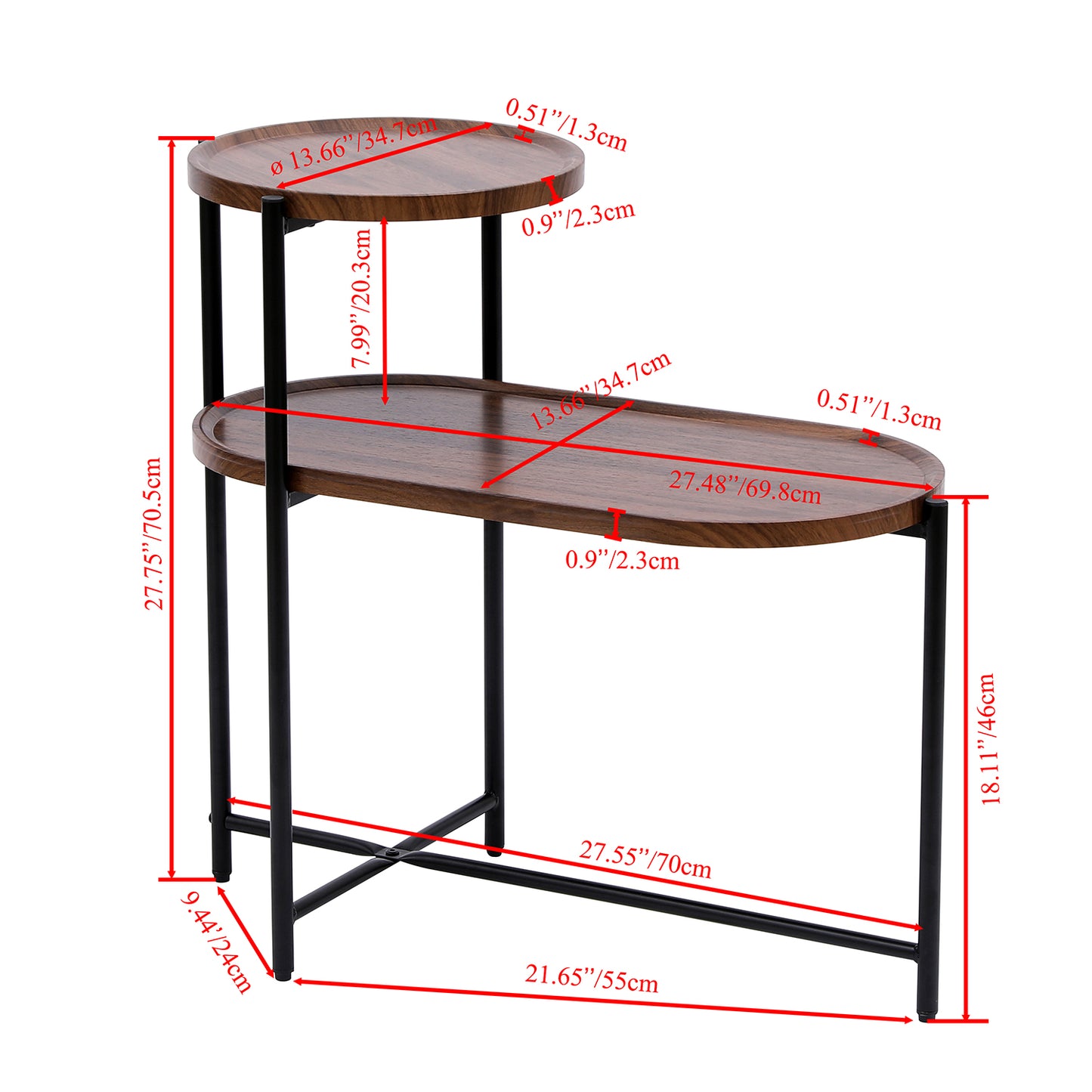 2-Tier End Table Round and Oval Sofa Side Table Overbed Bedside Table for Patio and Living Room Bedroom Medical Food Tray Table