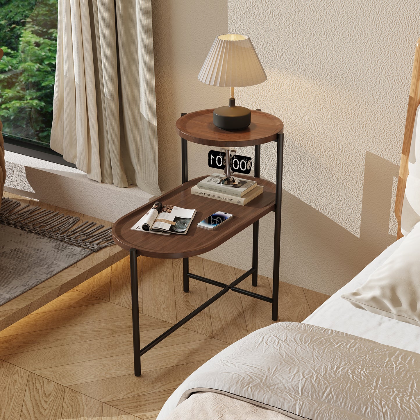 2-Tier End Table Round and Oval Sofa Side Table Overbed Bedside Table for Patio and Living Room Bedroom Medical Food Tray Table