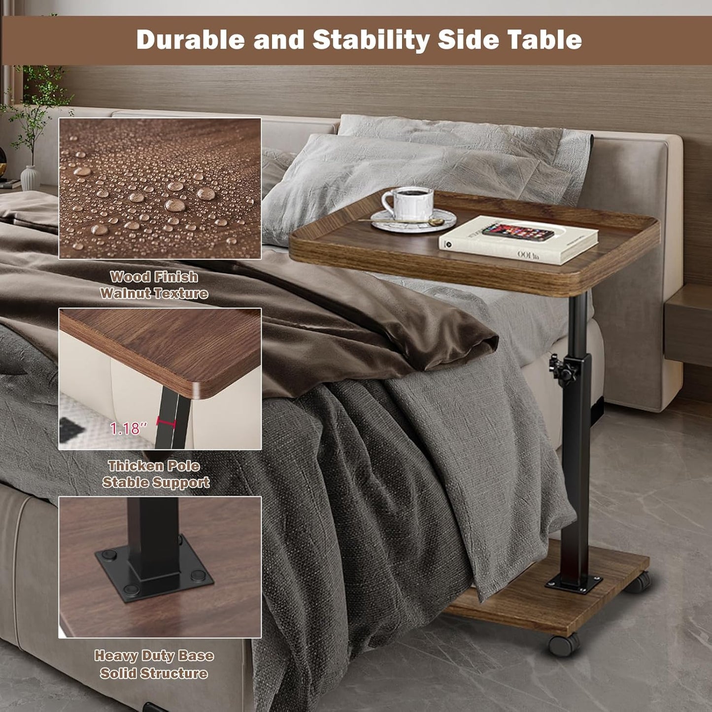 Adjustable Rolling Bedside Table Laptop Desk Portable Sofa Tray Cart