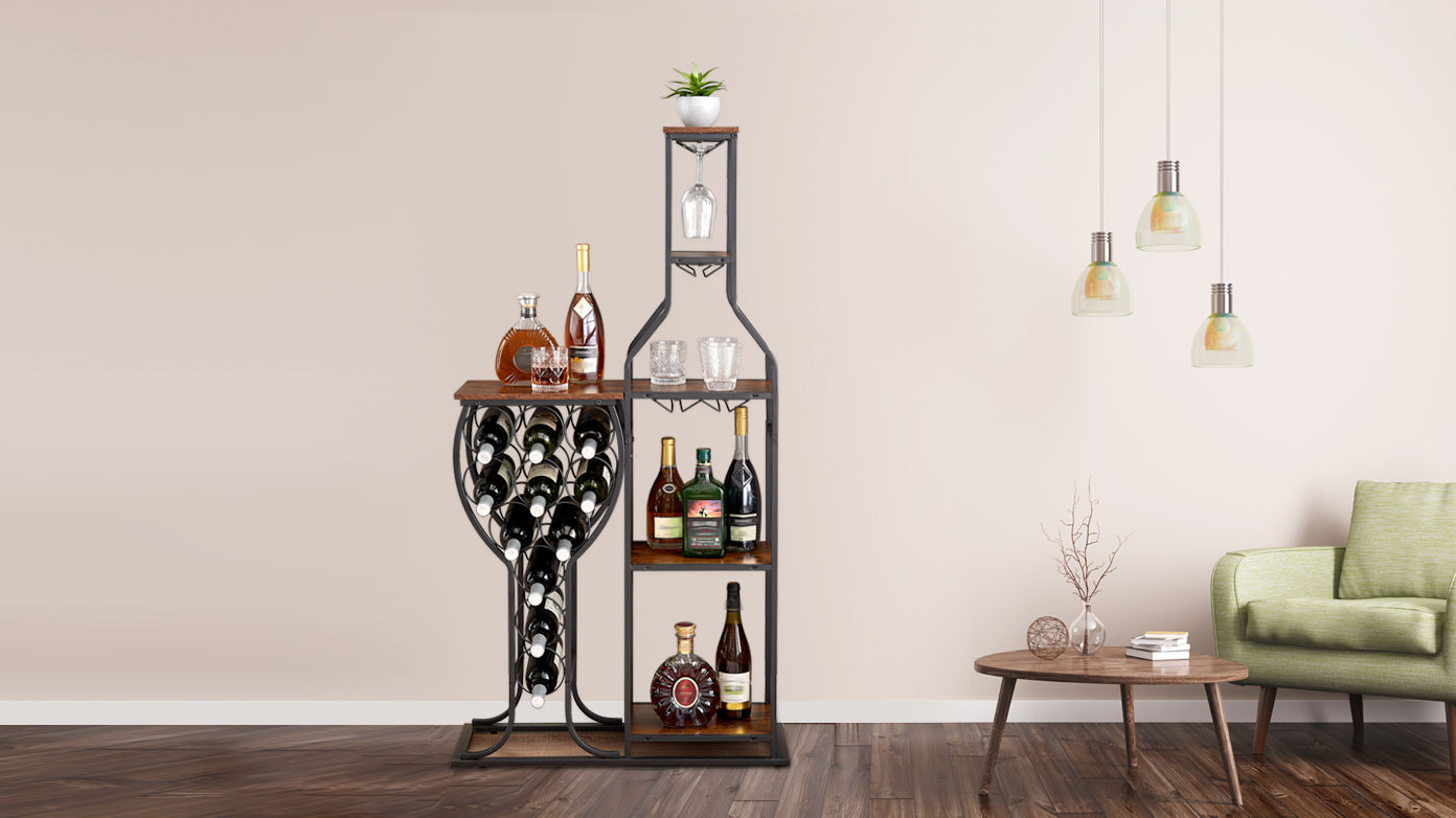 11 Bottle Wine Rack Freestanding 5 Tier with Glass Holder and Storage