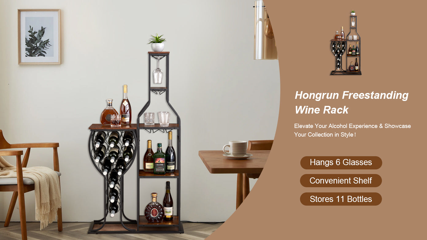 11 Bottle Wine Rack Freestanding 5 Tier with Glass Holder and Storage
