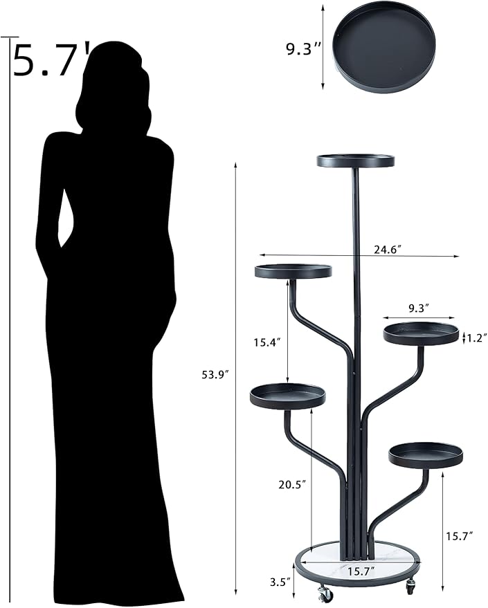 5 Tier Indoor Plant Stand Rolling Metal Shelf Wrought Iron Display