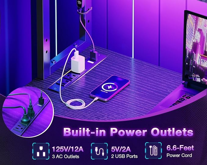 L Shaped Desk with LED Lighting Gaming Desk with Power Outlets Storage