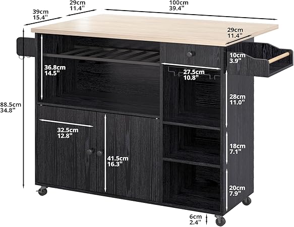 Rolling Kitchen Island Cart with Drop-Leaf Wine Rack and Drawer