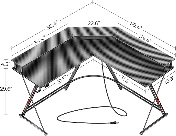 L Shaped Gaming Desk With LED Lights Power Outlets Monitor Stand