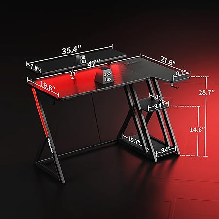 Aurora Gaming Desk L Shaped with LED Lights Power Outlets Storage Shelves
