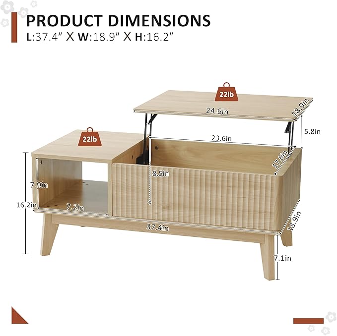 Fluted Lift Top Coffee Table with Hidden Compartment Modern Design