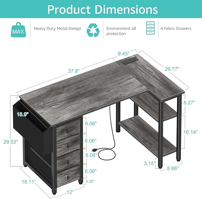 L Shaped Computer Desk with Drawers and Power Outlet for Home Office