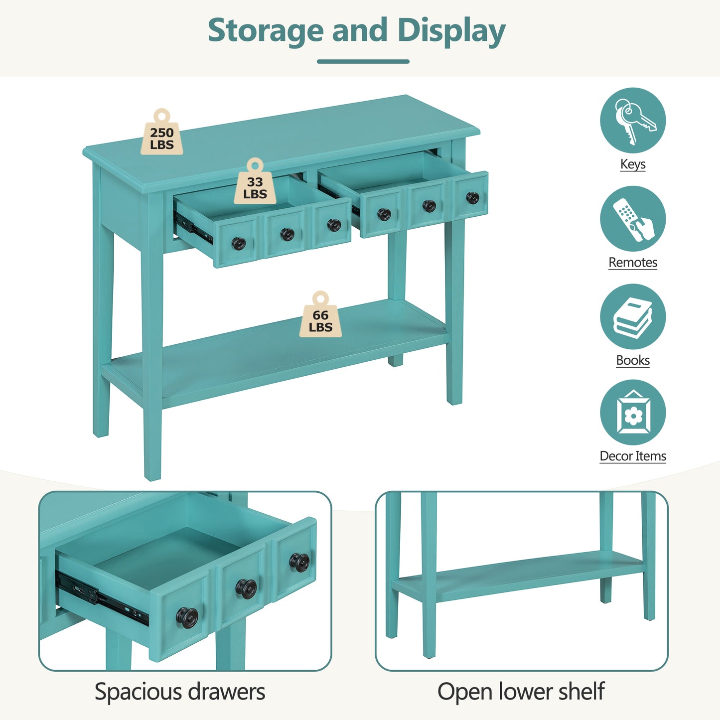 Rustic Entryway Table with 2 Drawers and Open Shelf for Living Rooms
