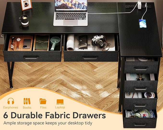 L Shaped Desk With Drawers Power Outlets Reversible Home Office Desk