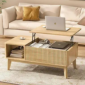 Fluted Lift Top Coffee Table with Hidden Compartment Modern Design
