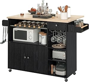 Rolling Kitchen Island Cart with Drop-Leaf Wine Rack and Drawer