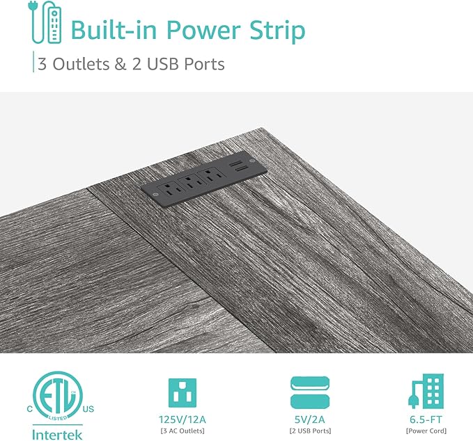 L Shaped Computer Desk with Drawers and Power Outlet for Home Office