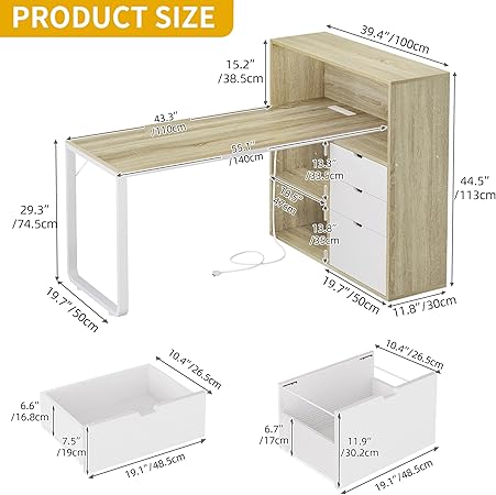 L Shaped Desk with Drawers Power Outlets USB LED Lights Home Office