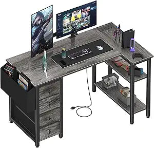 L Shaped Computer Desk with Drawers and Power Outlet for Home Office