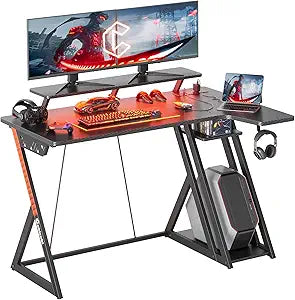 Aurora Gaming Desk L Shaped with LED Lights Power Outlets Storage Shelves