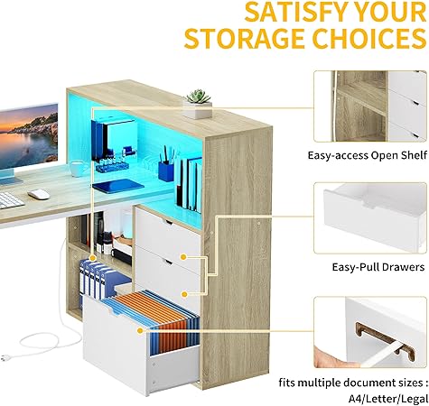 L Shaped Desk with Drawers Power Outlets USB LED Lights Home Office