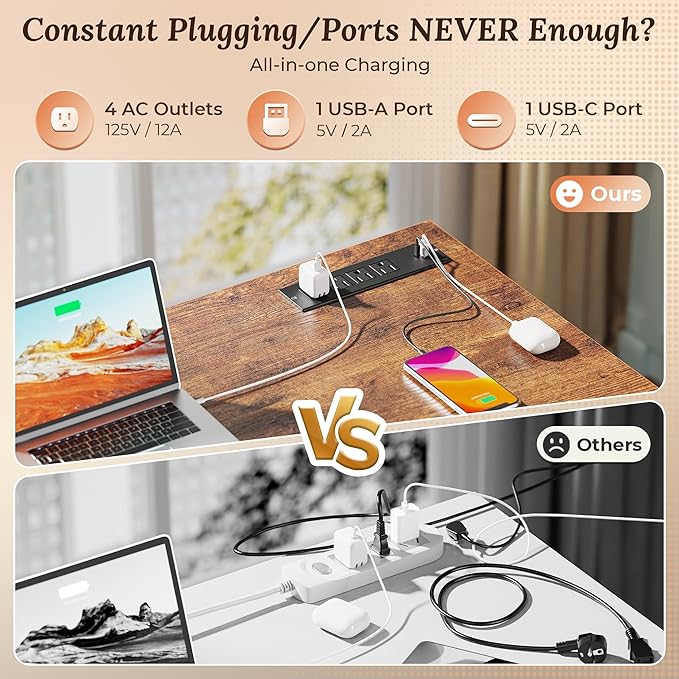 47 Inch Office Desk with Outlets and 9 Fabric Drawers for Home Office