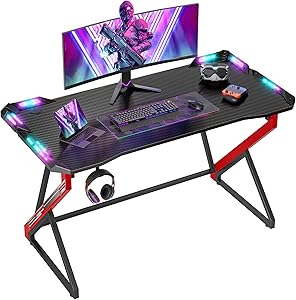 Gaming Desk With LED Lights Z Shaped Carbon Fiber Surface 40H Workstation