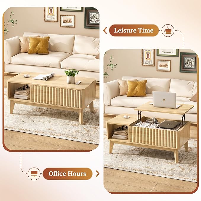 Fluted Lift Top Coffee Table with Hidden Compartment Modern Design
