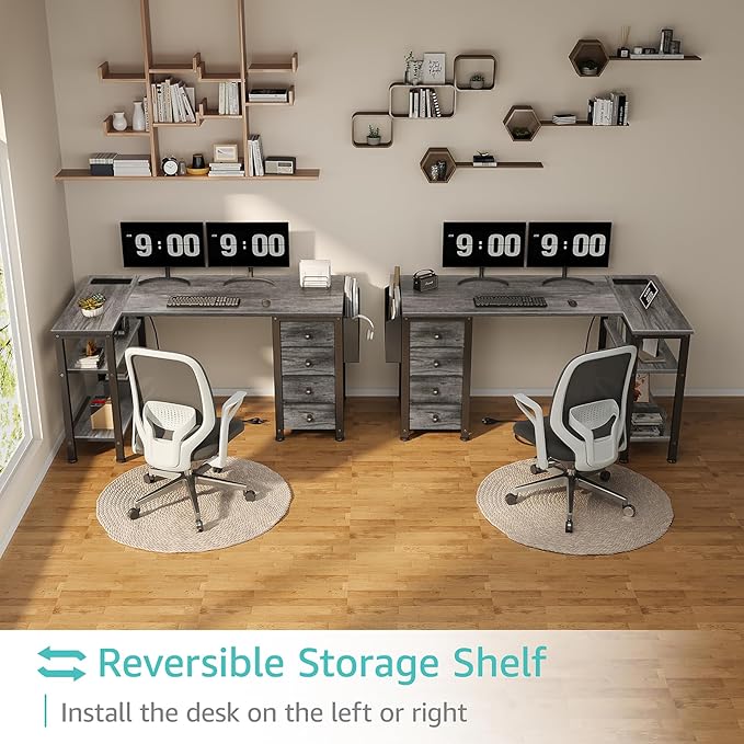 L Shaped Computer Desk with Drawers and Power Outlet for Home Office
