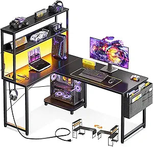L Shaped Desk with LED Lighting Gaming Desk with Power Outlets Storage