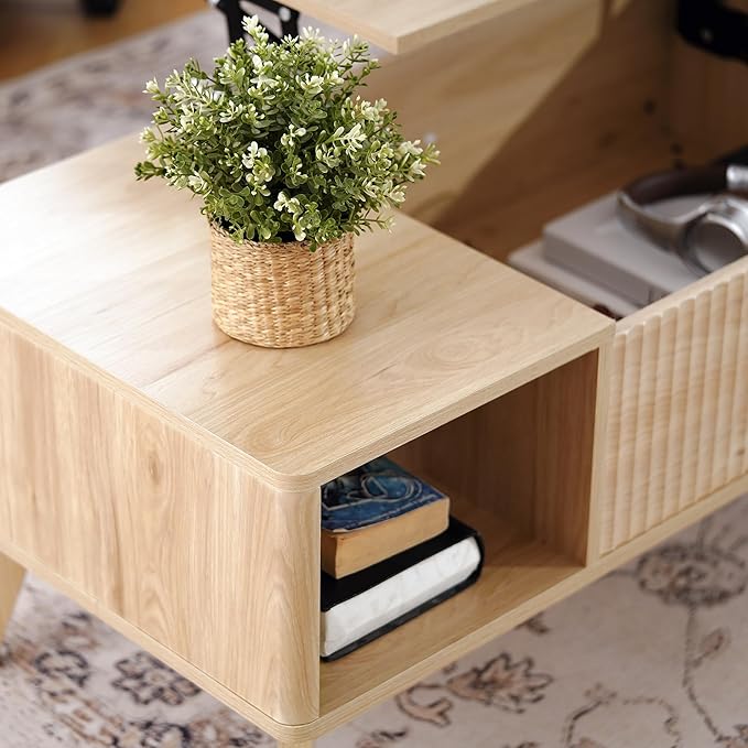 Fluted Lift Top Coffee Table with Hidden Compartment Modern Design