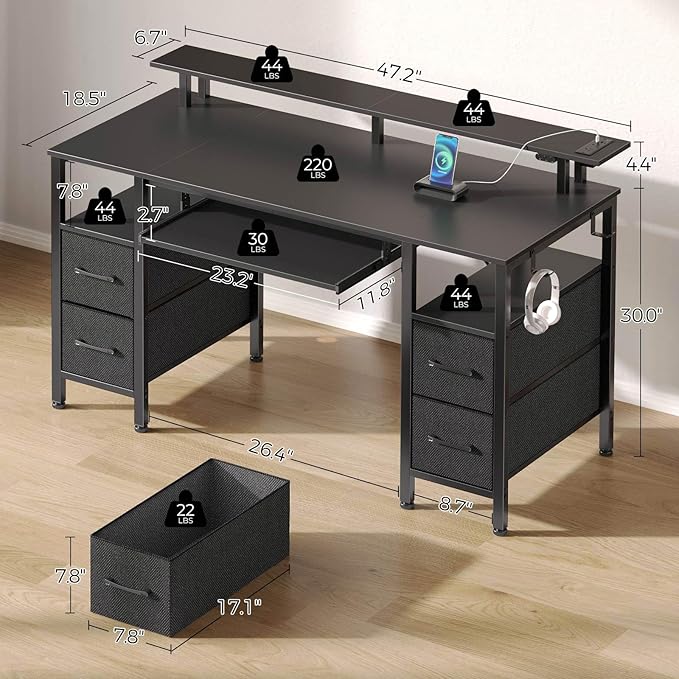 Computer Desk with LED Lights and Power Outlets for Home Office