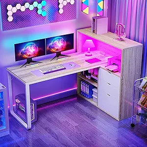 L Shaped Desk with Drawers Power Outlets USB LED Lights Home Office