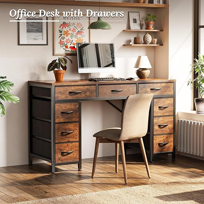 47 Inch Office Desk with Outlets and 9 Fabric Drawers for Home Office