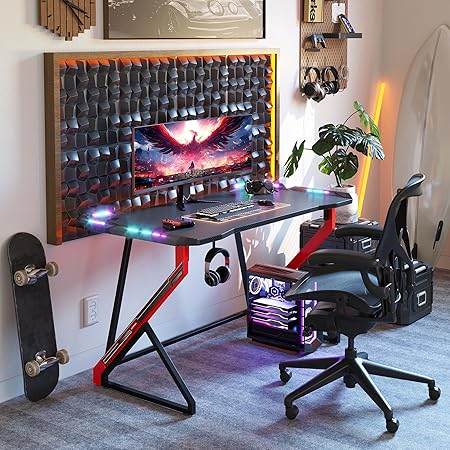 Gaming Desk With LED Lights Z Shaped Carbon Fiber Surface 40H Workstation