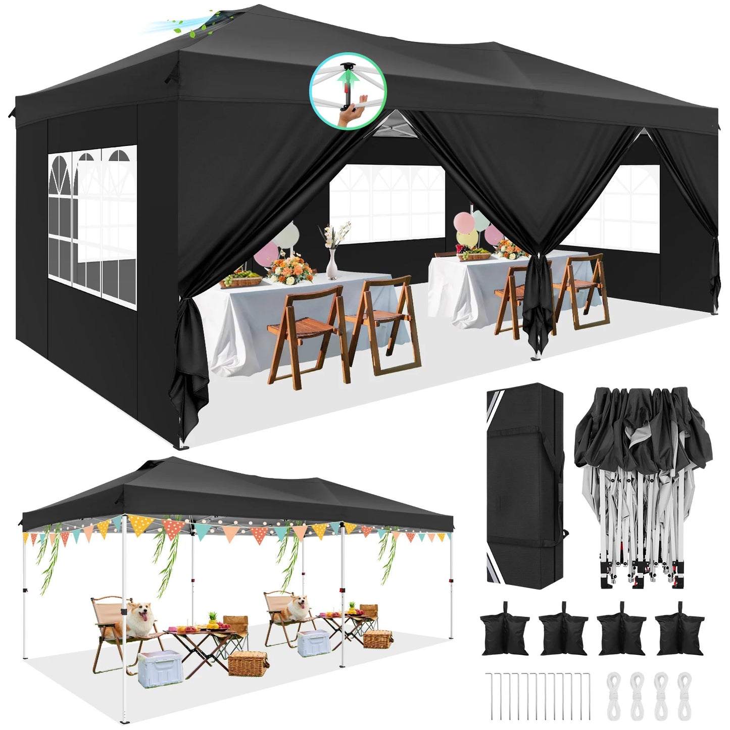 10x20ft Commercial Grade Canopy Tent with Quick-Lock System & Walls