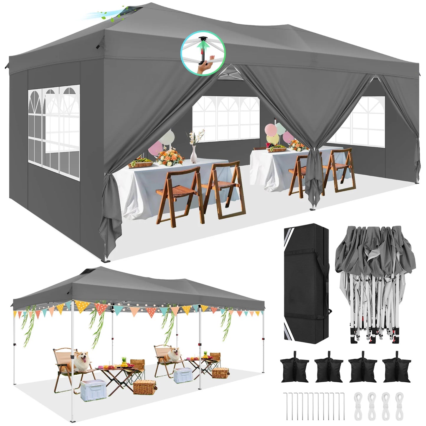 10x20ft Commercial Grade Canopy Tent with Quick-Lock System & Walls