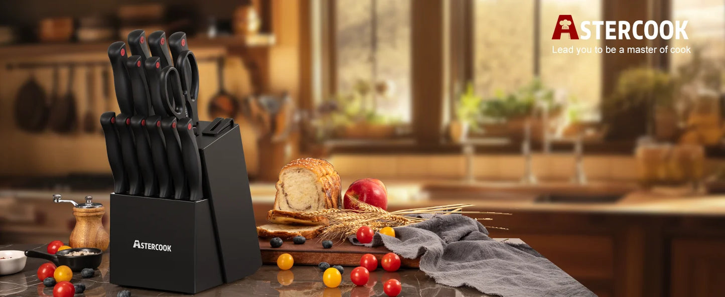 15PCS Knife Set with Sharpener Block German Stainless Steel Dishwasher Safe