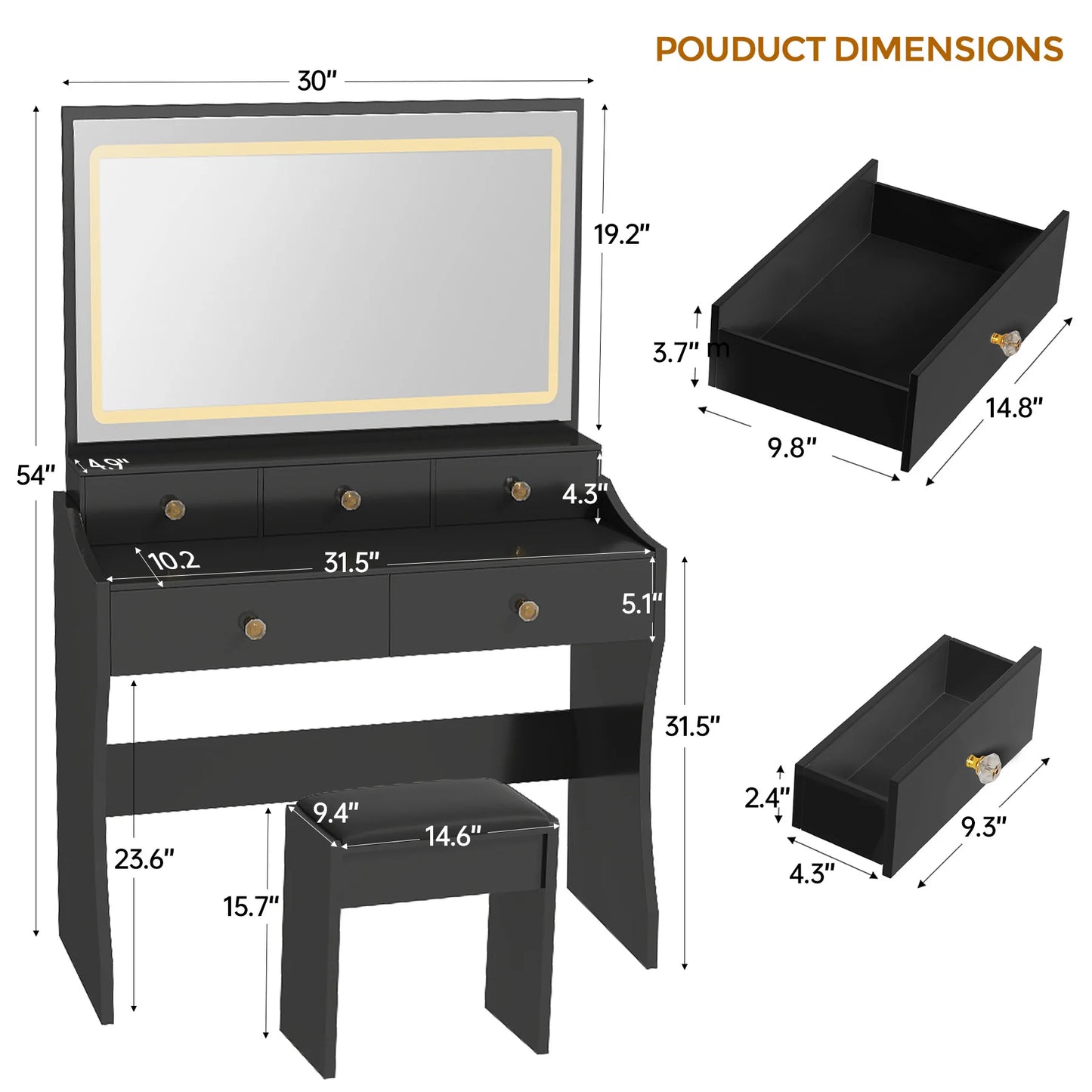 Ljustra Vanity Table Set with 4 Drawers Charging Station LED Mirror