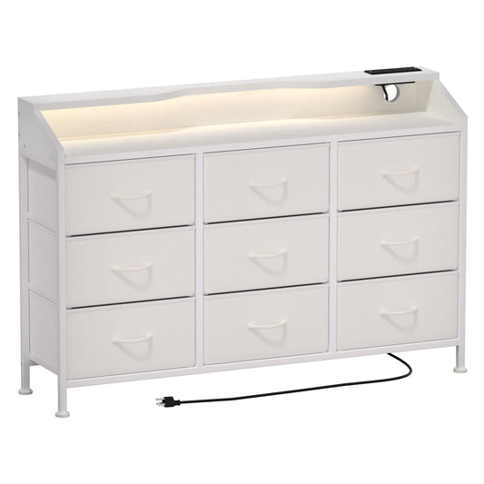 Dresser with 9 Drawers LED Lights Charging Station for Bedroom Furniture