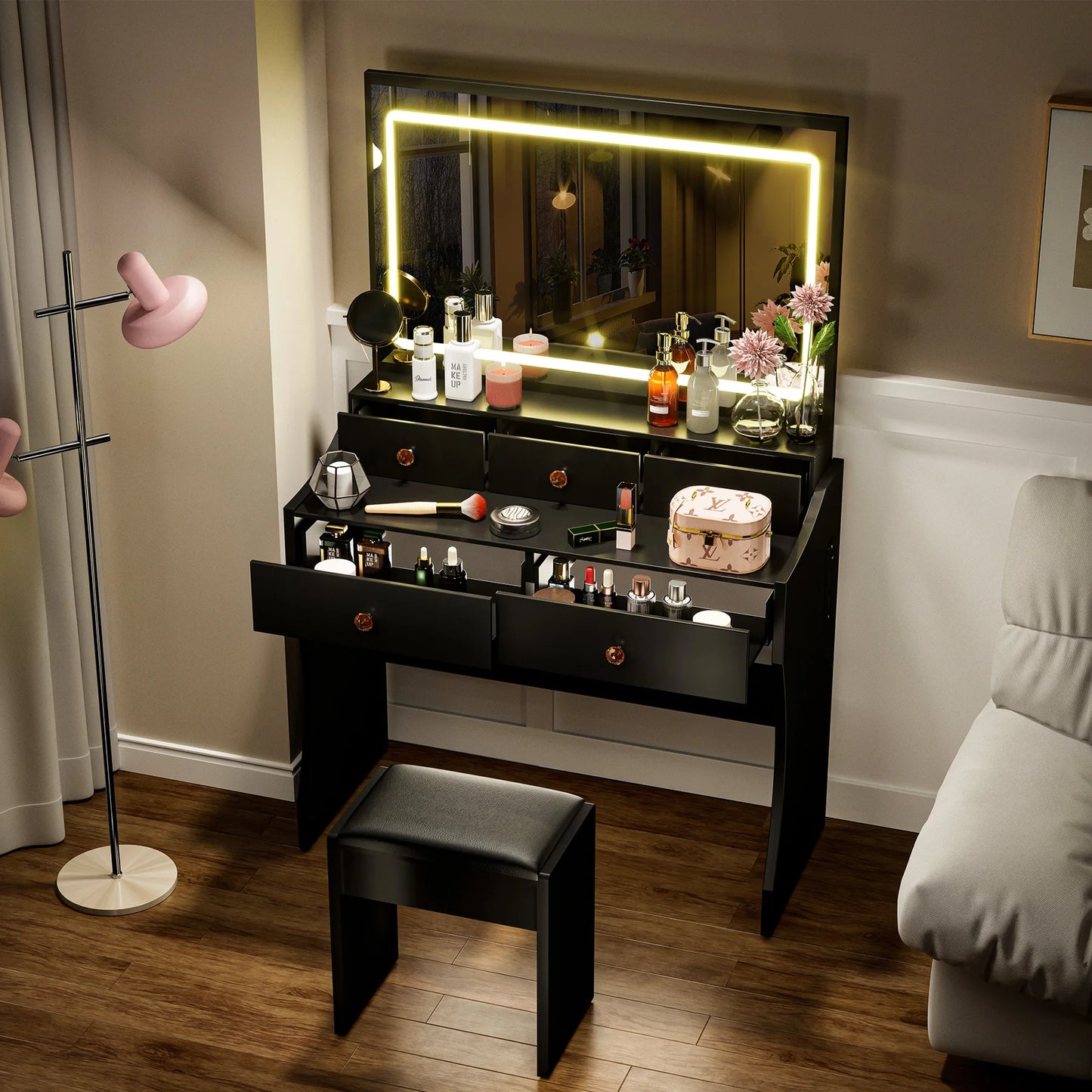 Ljustra Vanity Table Set with 4 Drawers Charging Station LED Mirror