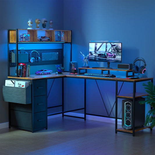 L Shaped Gaming Desk with Power Outlet and RGB LED Lights 67 Inch