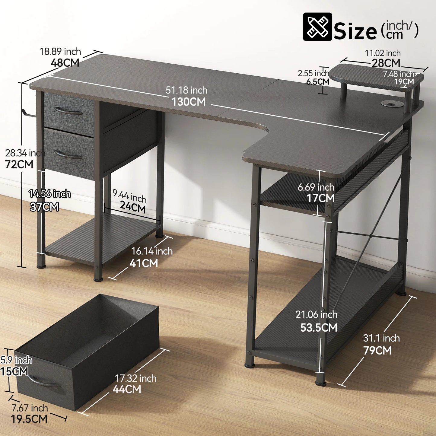 L-Shape Gaming Desk Carbon Fiber Computer Desk with Monitor Arm Storage