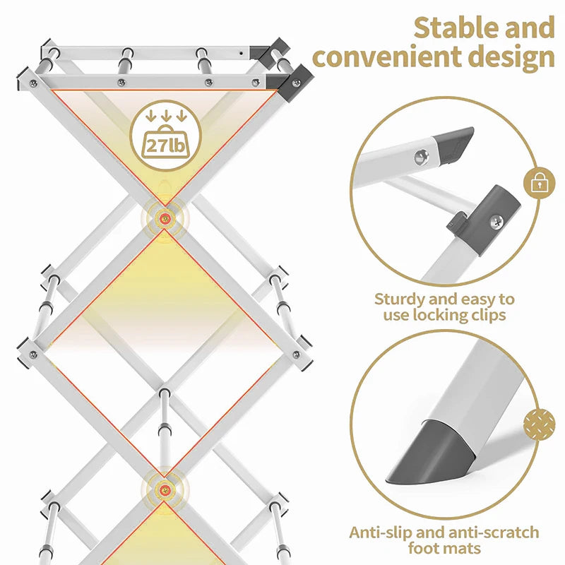 Foldable Floor-Standing Drying Rack Extendable Retractable Three Layers