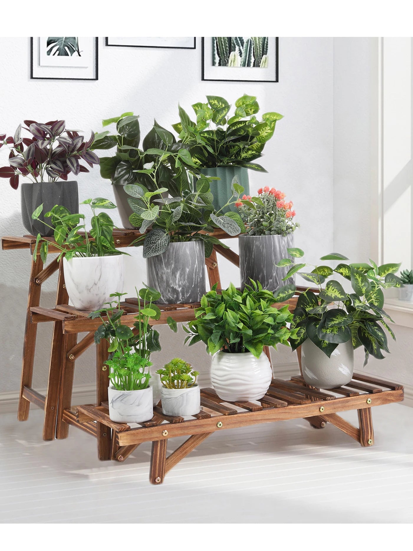 3 Tier Freestanding Ladder Shelf Wood Plant Stand Indoor Outdoor Rack