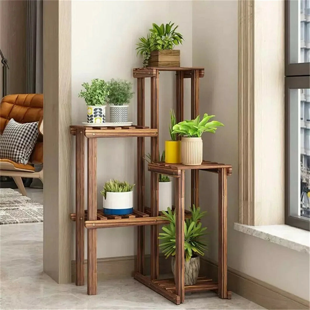 6 Tier Wood Plant Corner Stand Indoor Outdoor Display Shelf Rack