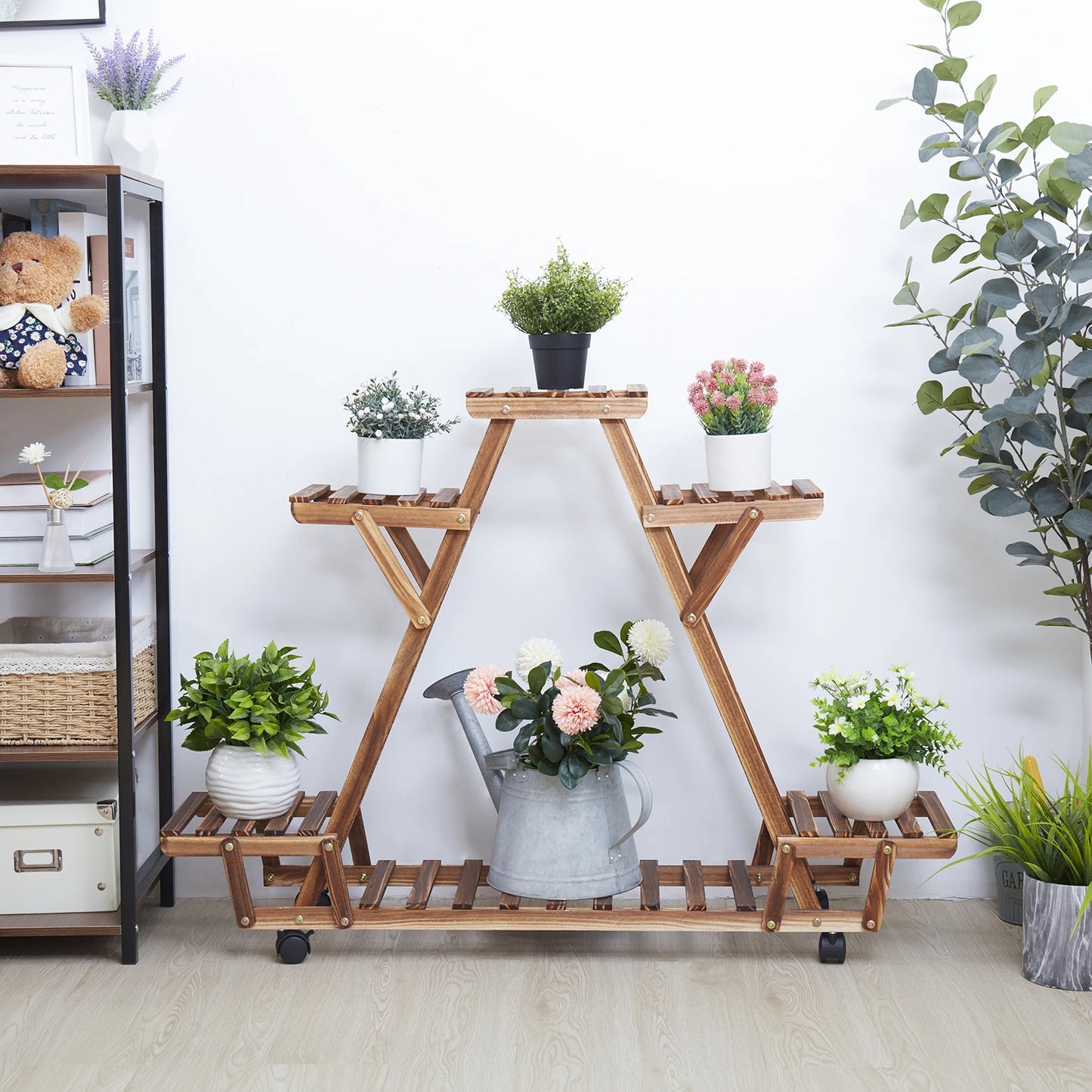 Triangular Plant Shelf with Wheels 6-Tier Carbonized Wood Display Rack