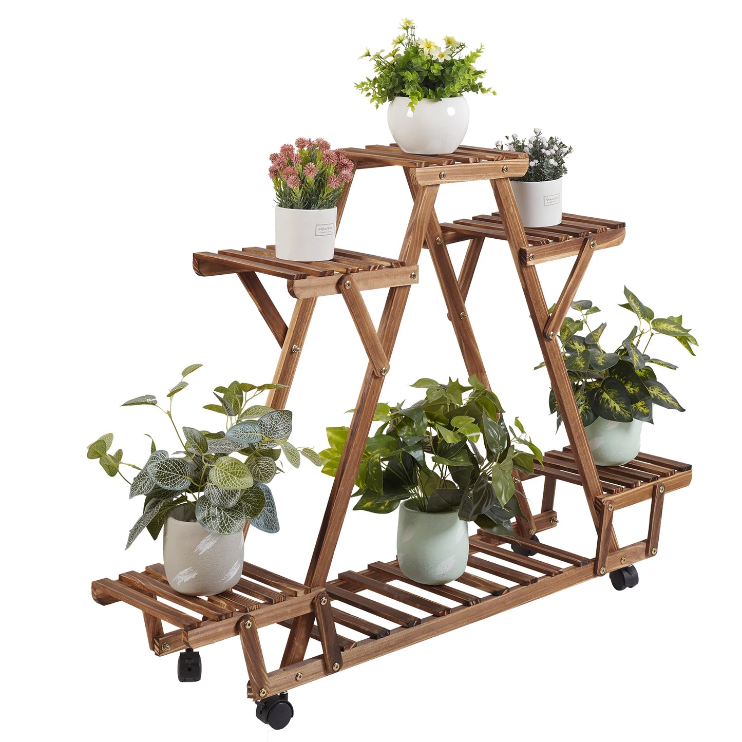 Triangular Plant Shelf with Wheels 6-Tier Carbonized Wood Display Rack