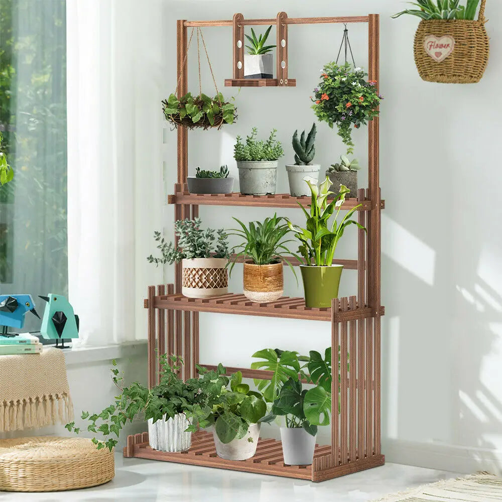 3-Tier Hanging Wood Plant Stand Indoor Outdoor Flower Pot Organizer Rack