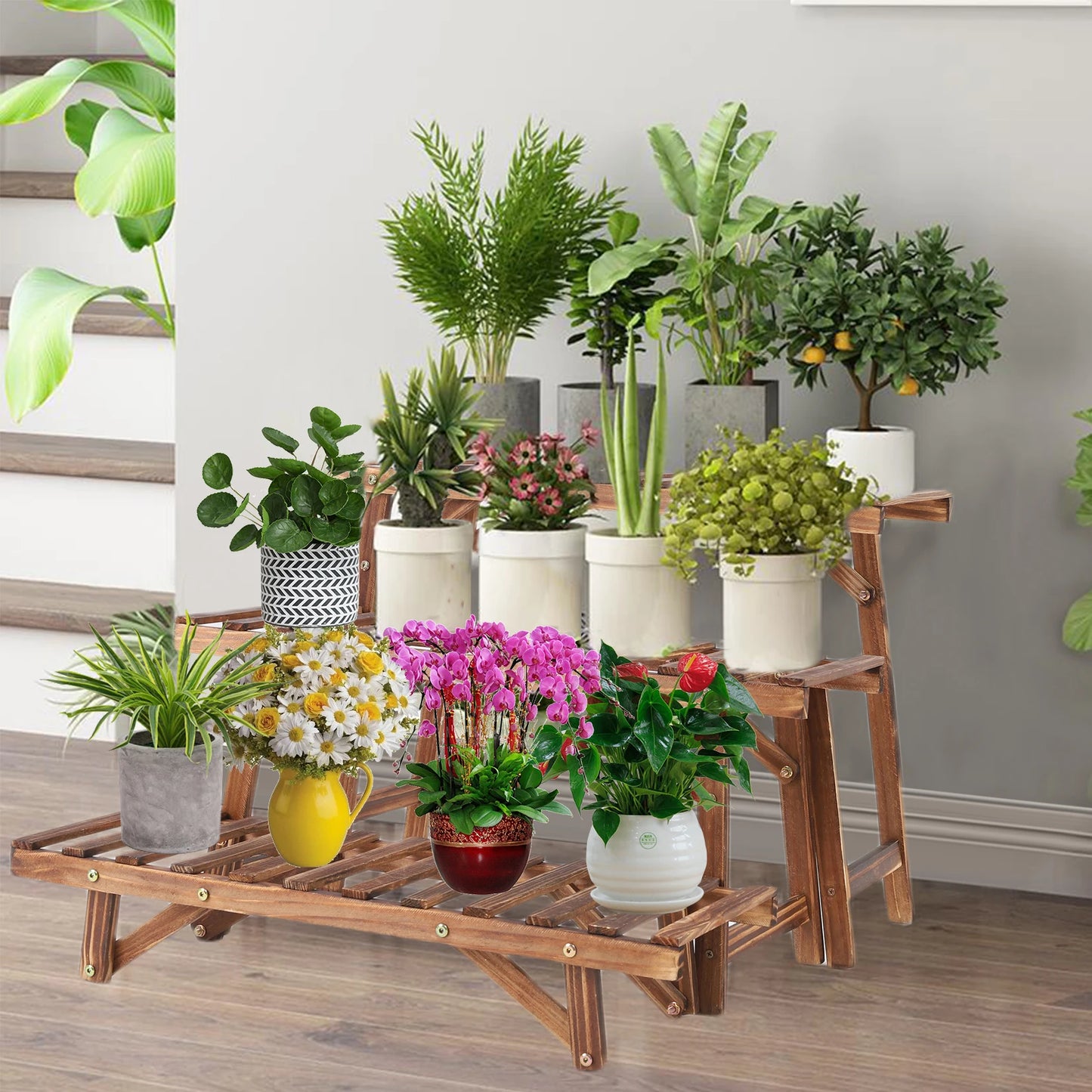 3 Tier Freestanding Ladder Shelf Wood Plant Stand Indoor Outdoor Rack