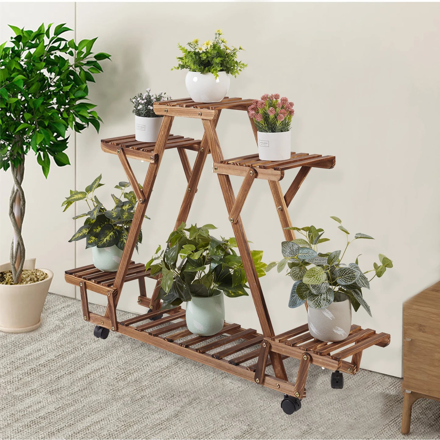 Triangular Plant Shelf with Wheels 6-Tier Carbonized Wood Display Rack