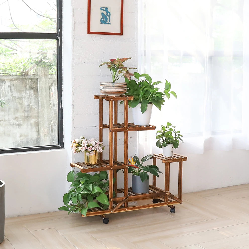 Ljustra Wooden Plant Stand with Wheels Multi-Tier Rolling Display Rack