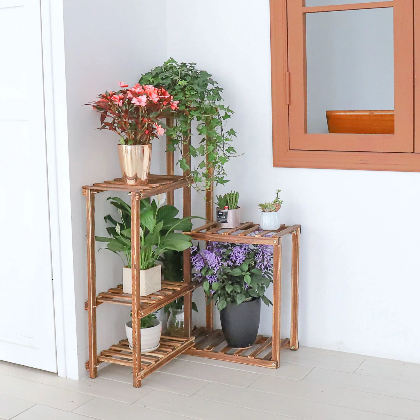 6 Tier Wood Plant Corner Stand Indoor Outdoor Display Shelf Rack