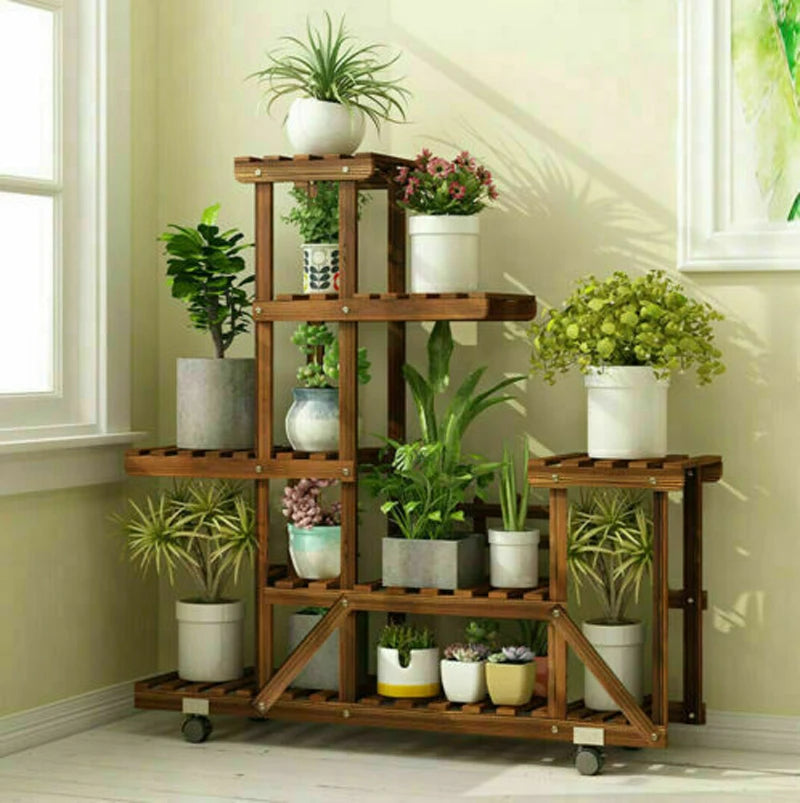 Ljustra Wooden Plant Stand with Wheels Multi-Tier Rolling Display Rack